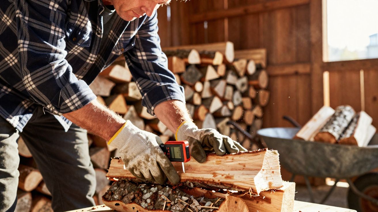 Homem a medir um tronco de madeira num local com pilhas de lenha e uma carrinha de mão ao fundo.