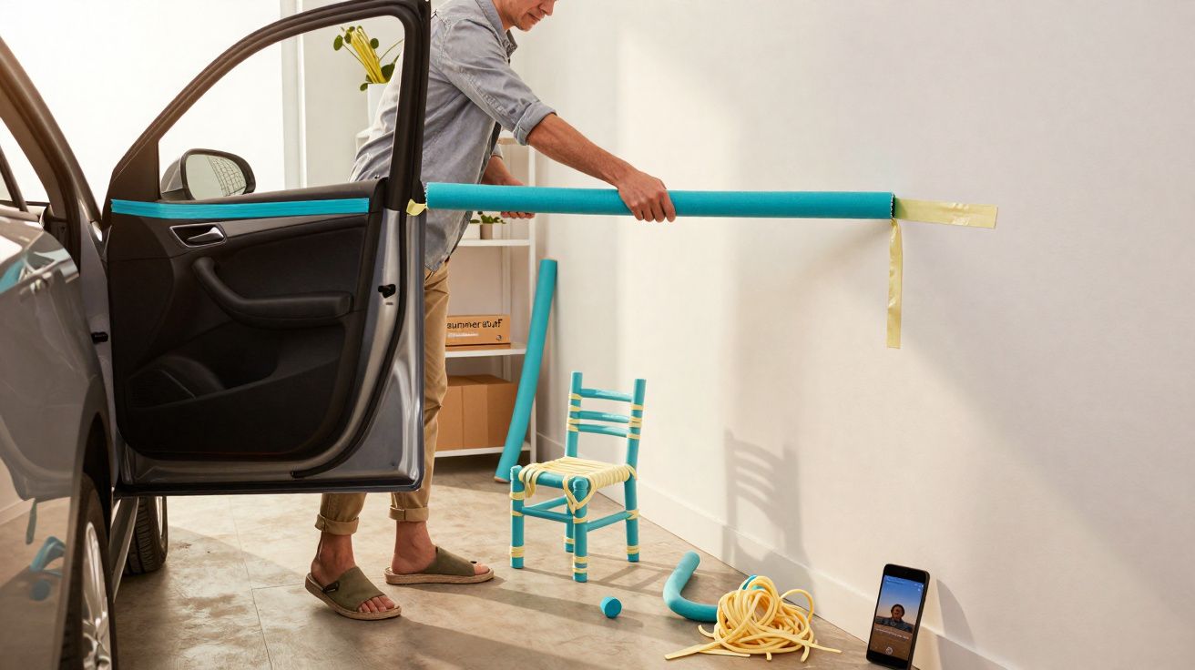 Homem a medir espaço entre carro e parede com vara de piscina para proteger do impacto.