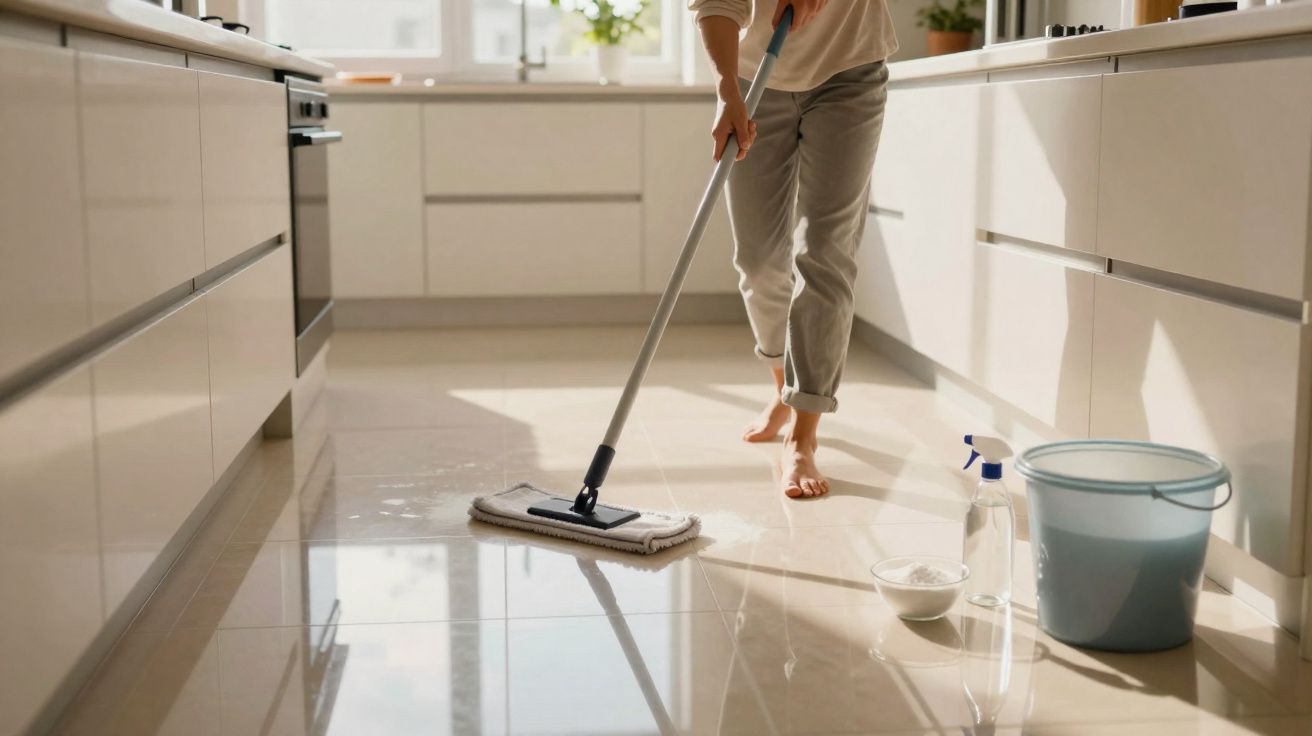 Pessoa a limpar o chão da cozinha com um esfregão e um balde azul, em ambiente iluminado naturalmente.