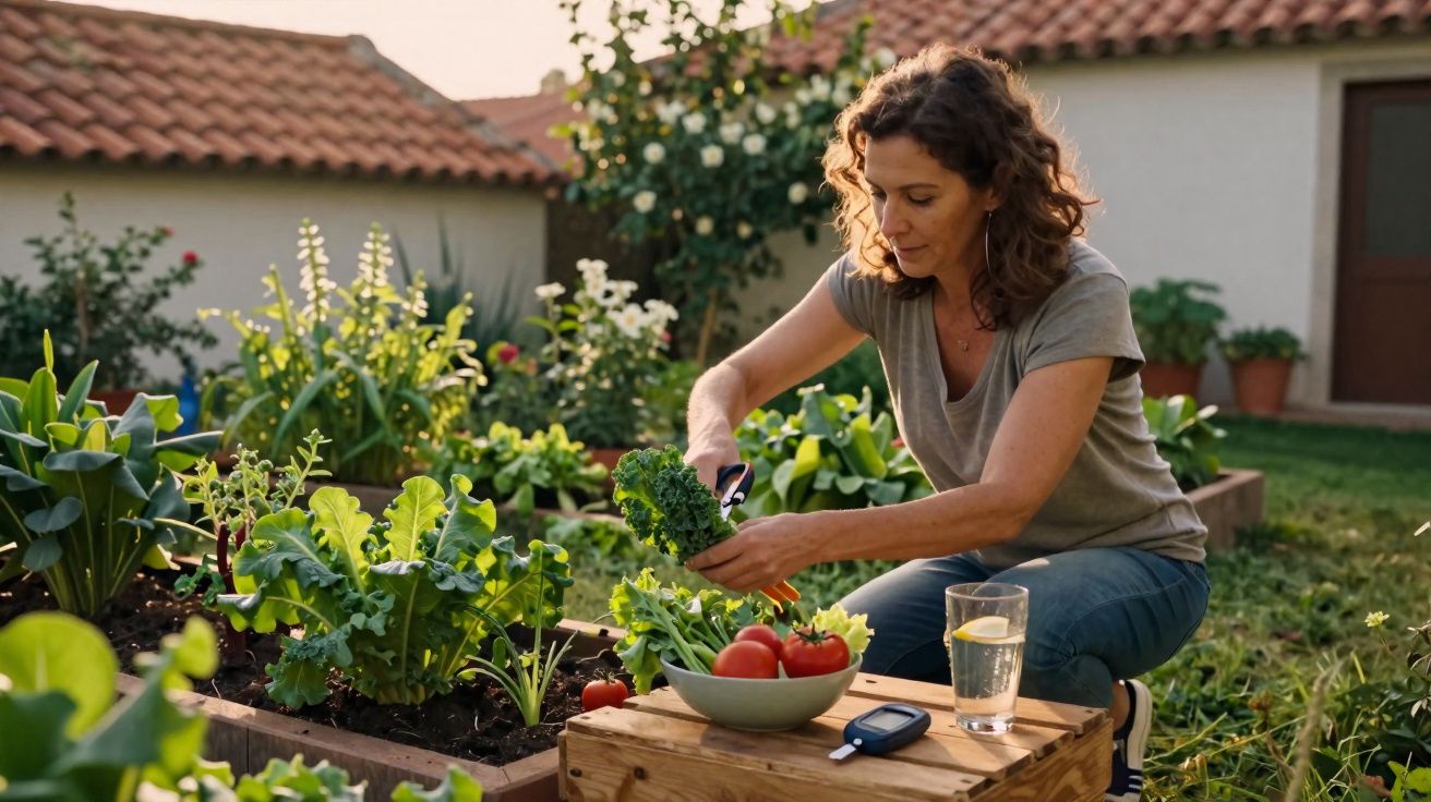 Mulher a colher legumes frescos numa horta caseira, com tomates e copo de água numa mesa de madeira.