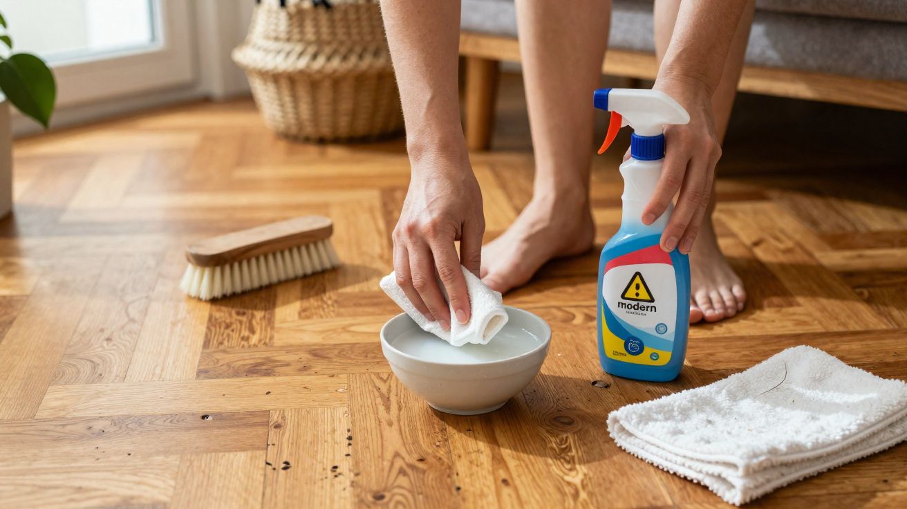 Pessoa a limpar chão em madeira com pano branco, escova, produto de limpeza e toalha.