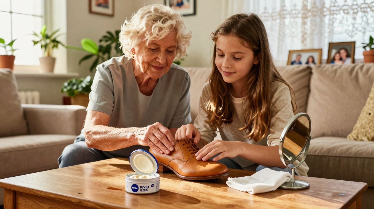 Avó e neta limpam e tratam um sapato em couro castanho numa sala acolhedora.