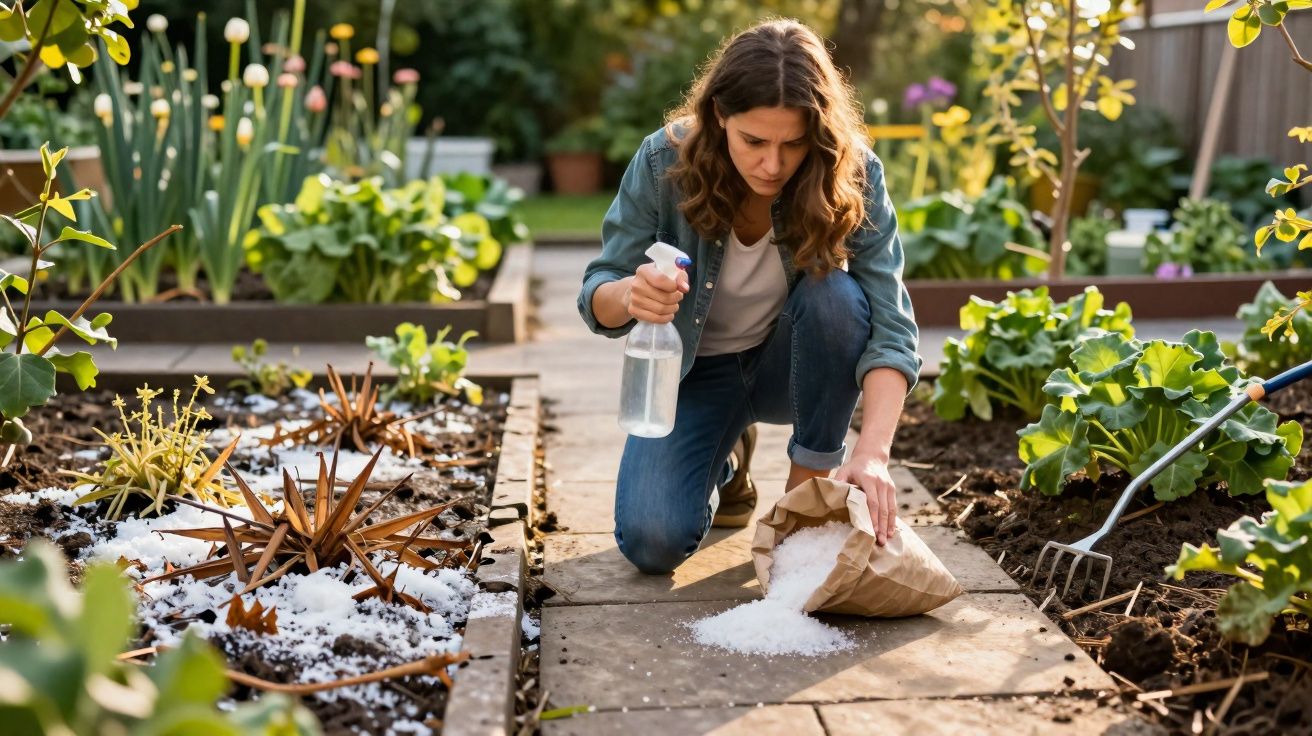 Mulher a aplicar fertilizante líquido e a espalhar sal em plantações num jardim com canteiros.