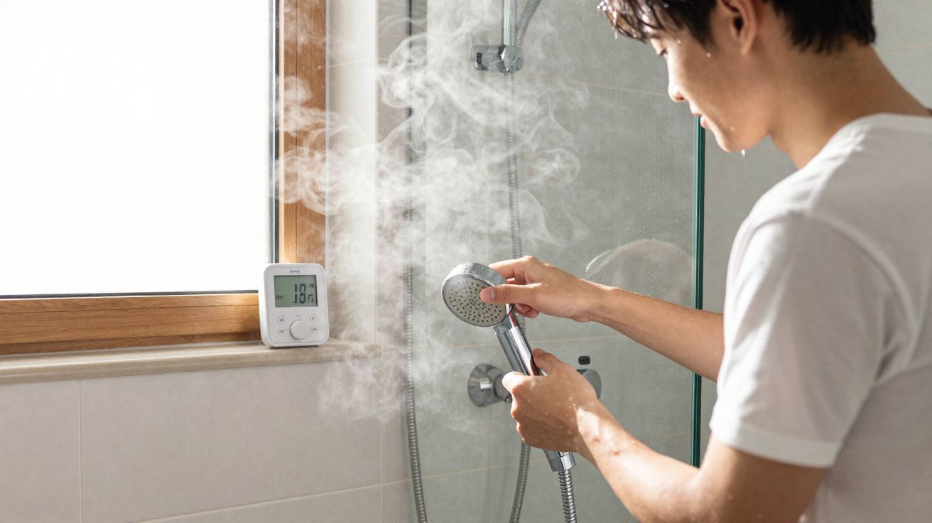 Homem ajusta chuveiro com vapor quente numa casa de banho com termómetro digital na janela.