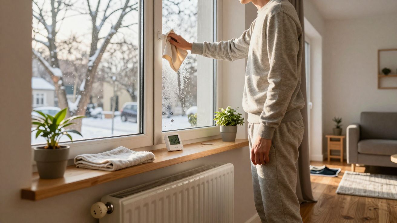 Pessoa a limpar vidros de uma janela com vista para um jardim de inverno com árvores e neve.