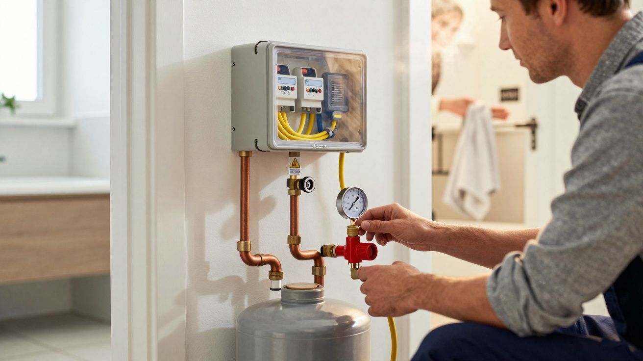 Homem ajusta válvula de medidor de pressão em sistema de aquecimento doméstico com tubagens de cobre.