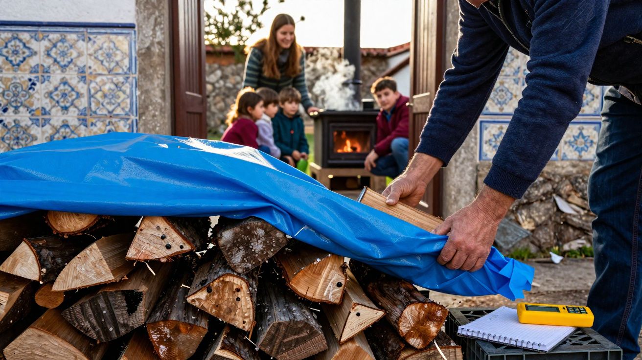 Pessoa a colocar lenha sob lona azul, com família sentada perto de fogão a lenha numa casa tradicional.