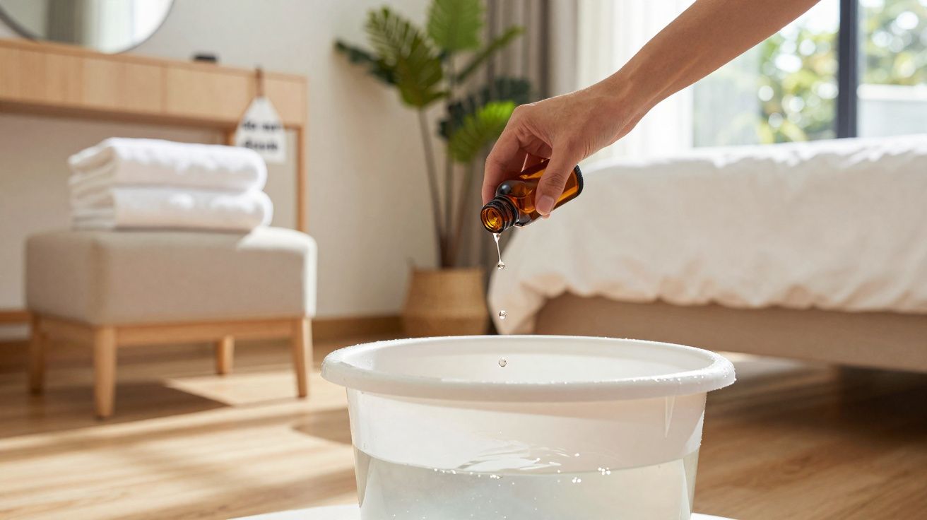 Mão a pingar óleo essencial numa bacia de água em quarto arejado com cama e toalhas empilhadas.