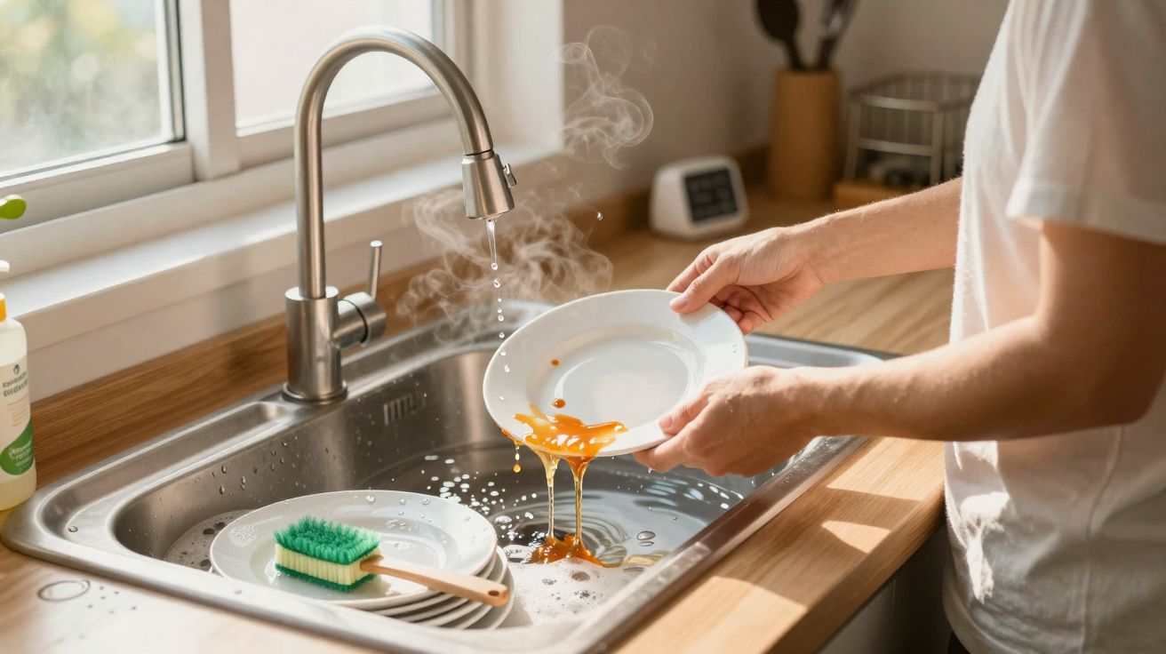 Pessoa a lavar prato com restos de comida junto a uma torneira de água quente numa cozinha iluminada.