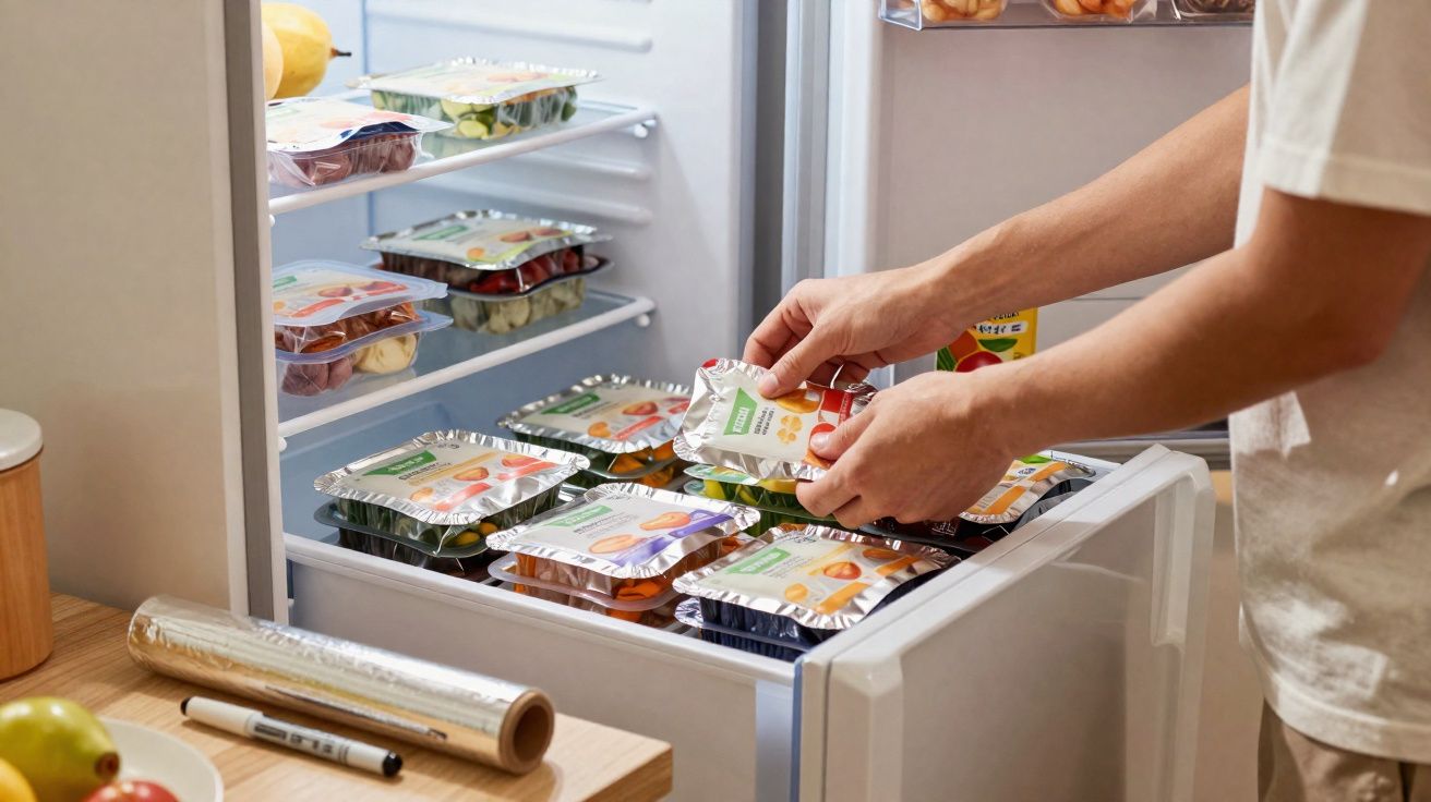 Mãos a organizar refeições pré-preparadas dentro de um frigorífico aberto numa cozinha doméstica.
