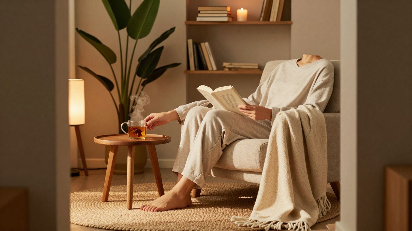 Pessoa sentada num sofá a ler um livro e pegar numa chávena de chá numa sala acolhedora com decoração simples.