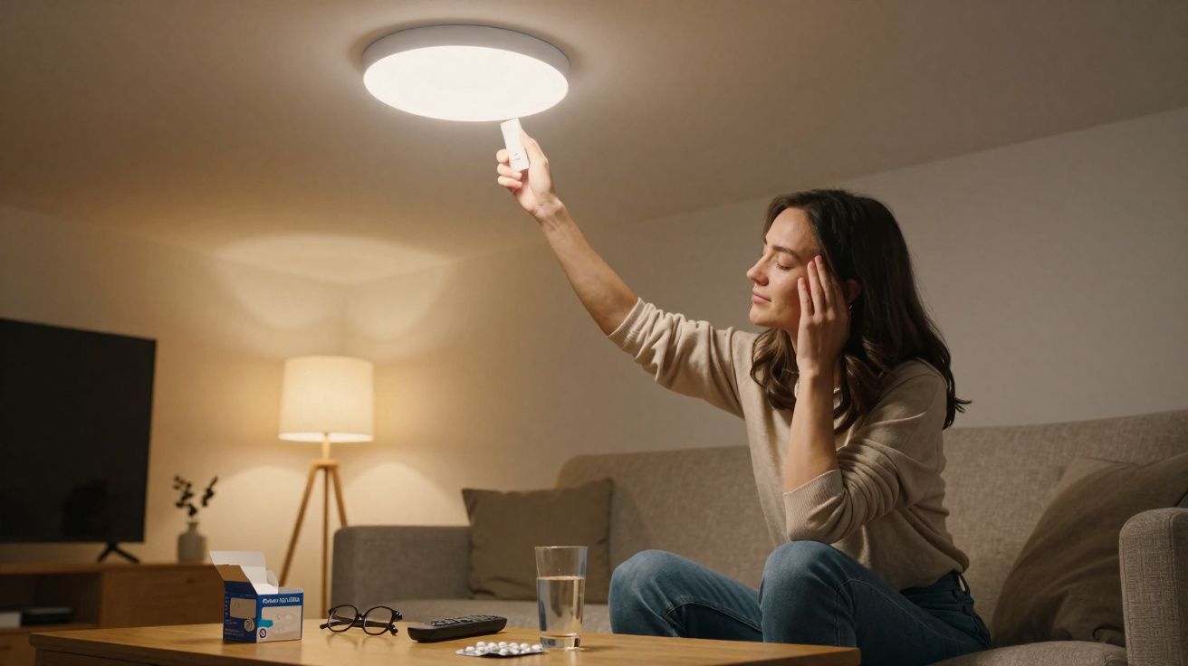 Mulher sentada no sofá a ligar luz de teto com comando, tendo comprimidos e copo de água na mesa à sua frente.