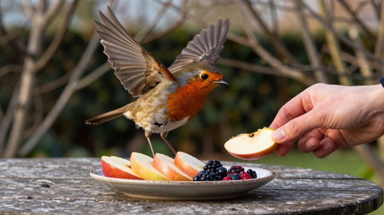 Pássaro europeu com peito alaranjado a voar para petiscar maçã numa mão junto a um prato com frutas.
