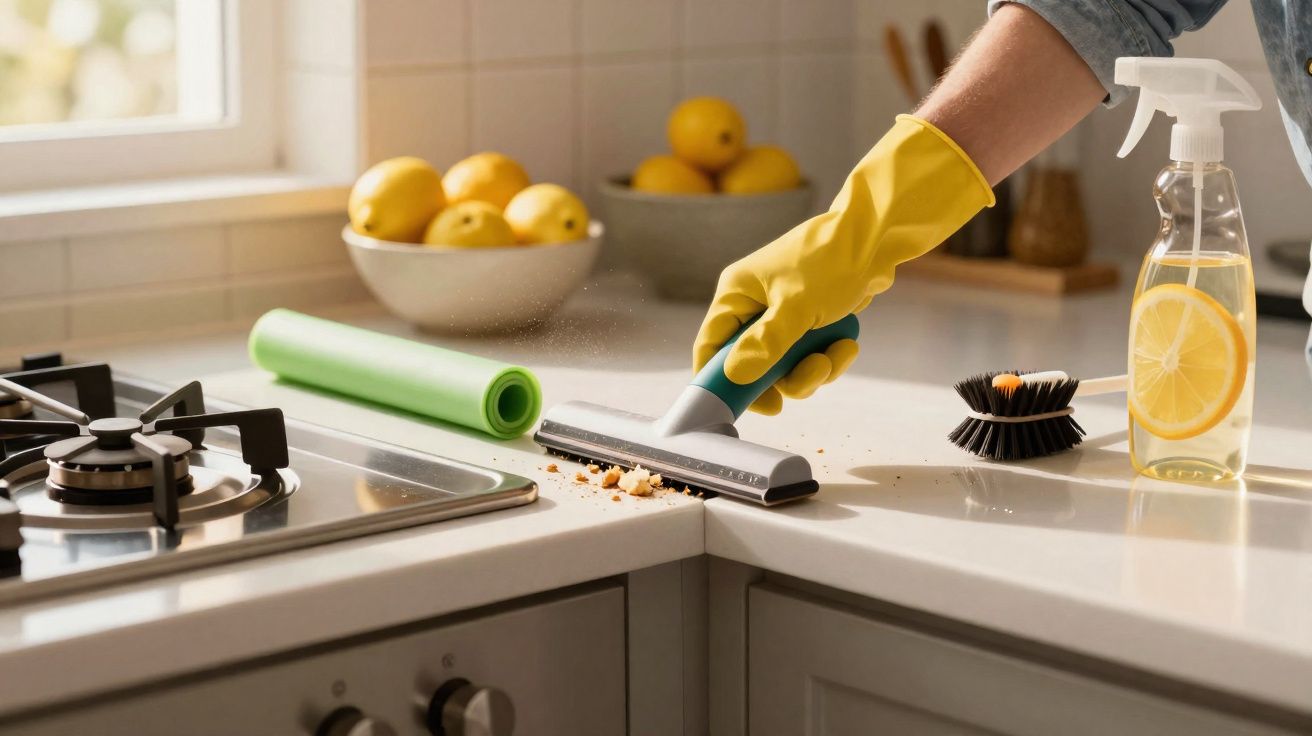 Pessoa com luva amarela a limpar bancada de cozinha com utensílio de limpeza e spray de limão.