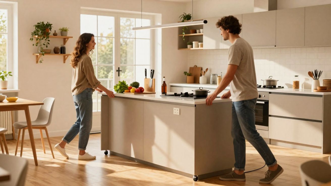 Casal jovem a mover uma ilha de cozinha moderna clara com legumes e utensílios na bancada.