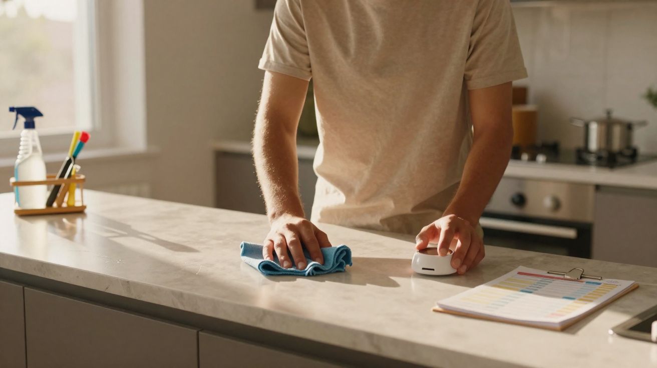 Pessoa a limpar balcão de cozinha com pano azul e dispositivo branco, ao lado de lista organizada.