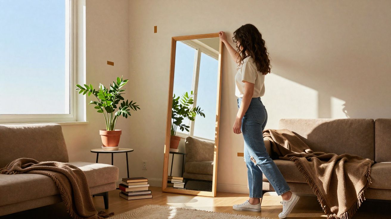 Mulher de cabelo encaracolado ajusta espelho num quarto com sofá, planta e livros no chão.
