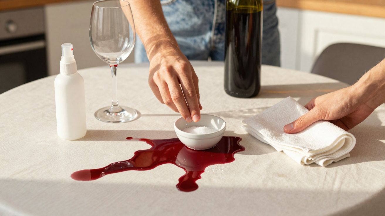 Mãos a limpar um derrame de vinho tinto numa toalha branca com sal, ao lado de um copo e uma garrafa de vinho.