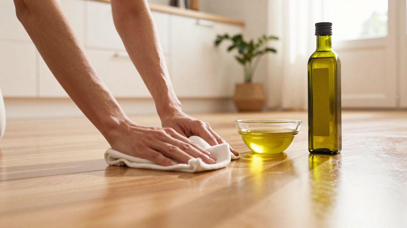 Pessoa a limpar chão de madeira com um pano branco, ao lado de um frasco e recipiente com óleo.