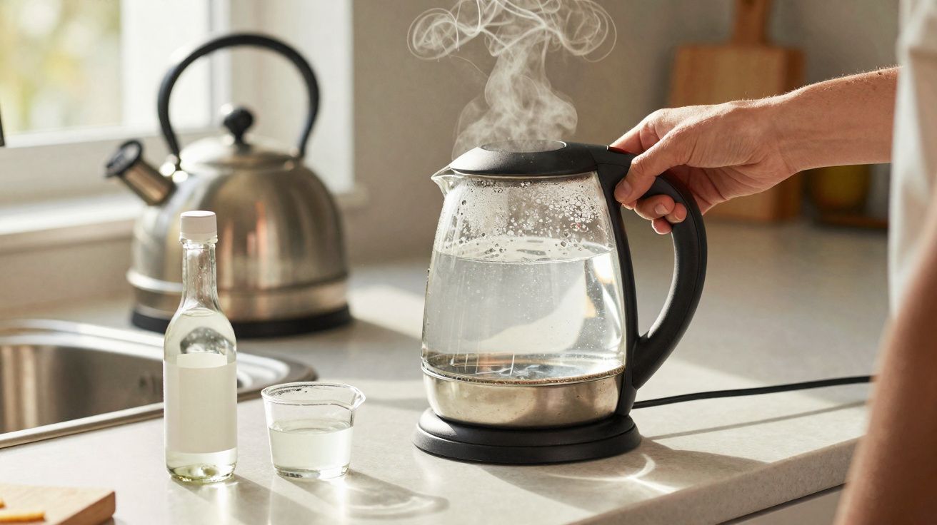 Pessoa a levantar a tampa de um jarro elétrico com água a ferver numa cozinha.