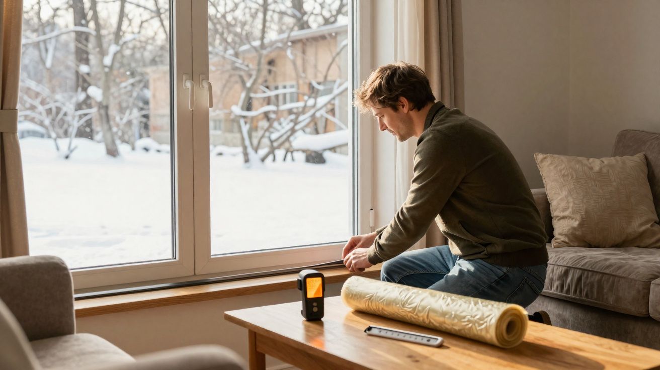 Homem sentado junto a uma janela grande no inverno, com neve lá fora, ao lado de uma mesa com rolo dourado e termómetro.