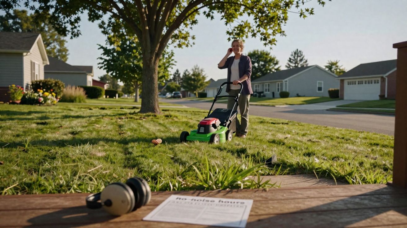 Pessoa a cortar relva com corta-relvas numa rua residencial, com auscultadores e sinal de horário de silêncio em primeiro pla