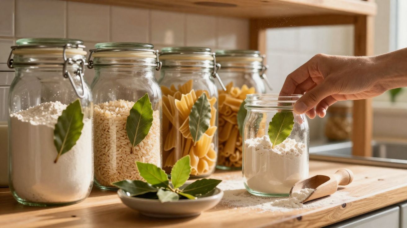 Mãos a colocar folha numa jarra com farinha numa bancada de cozinha com outras jarras de vidro e folhas verdes.