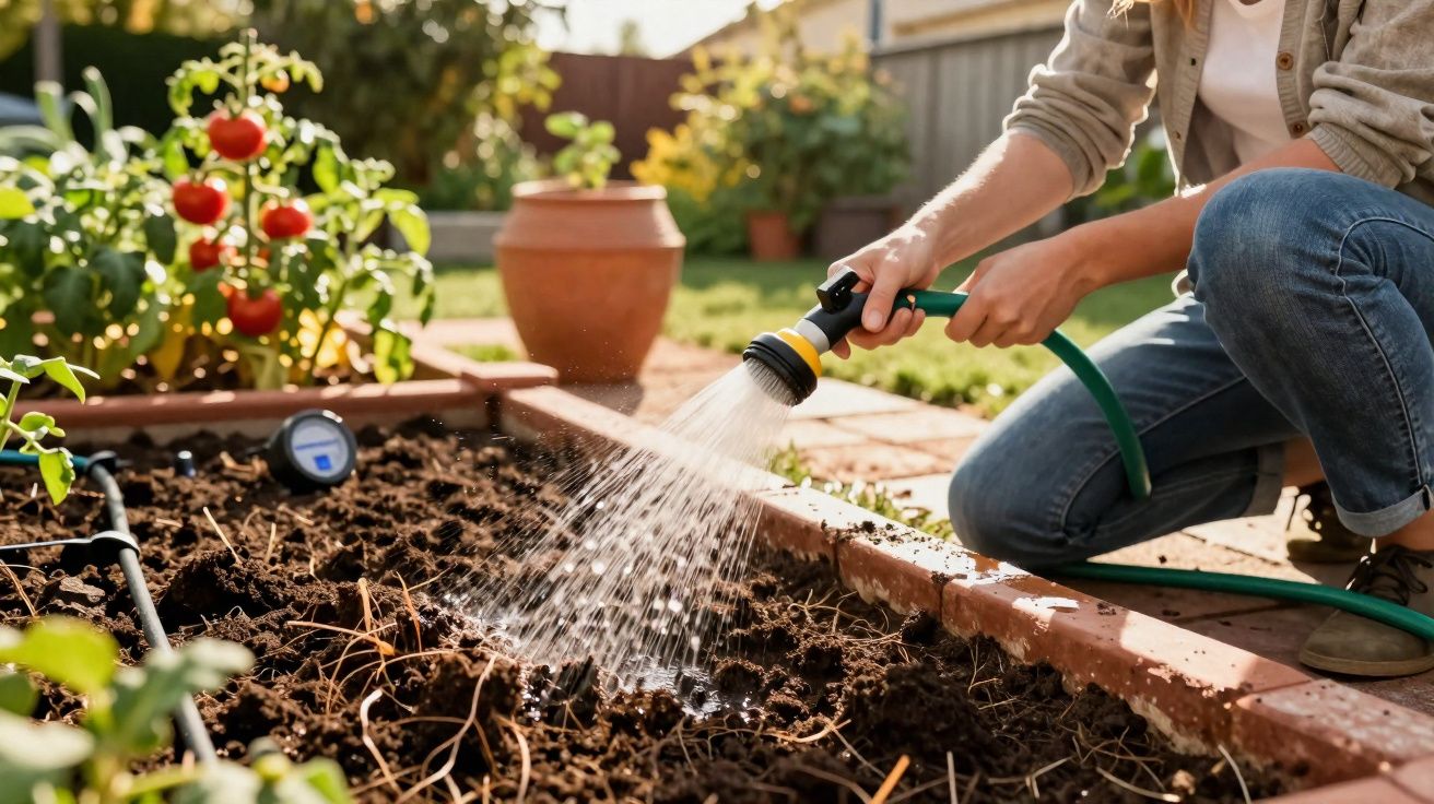 Pessoa a regar um canteiro de terra num jardim com mangueira verde e sol a iluminar.