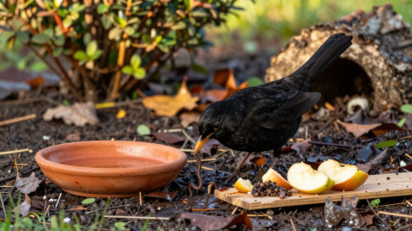 Pássaro preto a segurar uma minhoca no bico, perto de prato de barro com água e maçãs cortadas no chão.