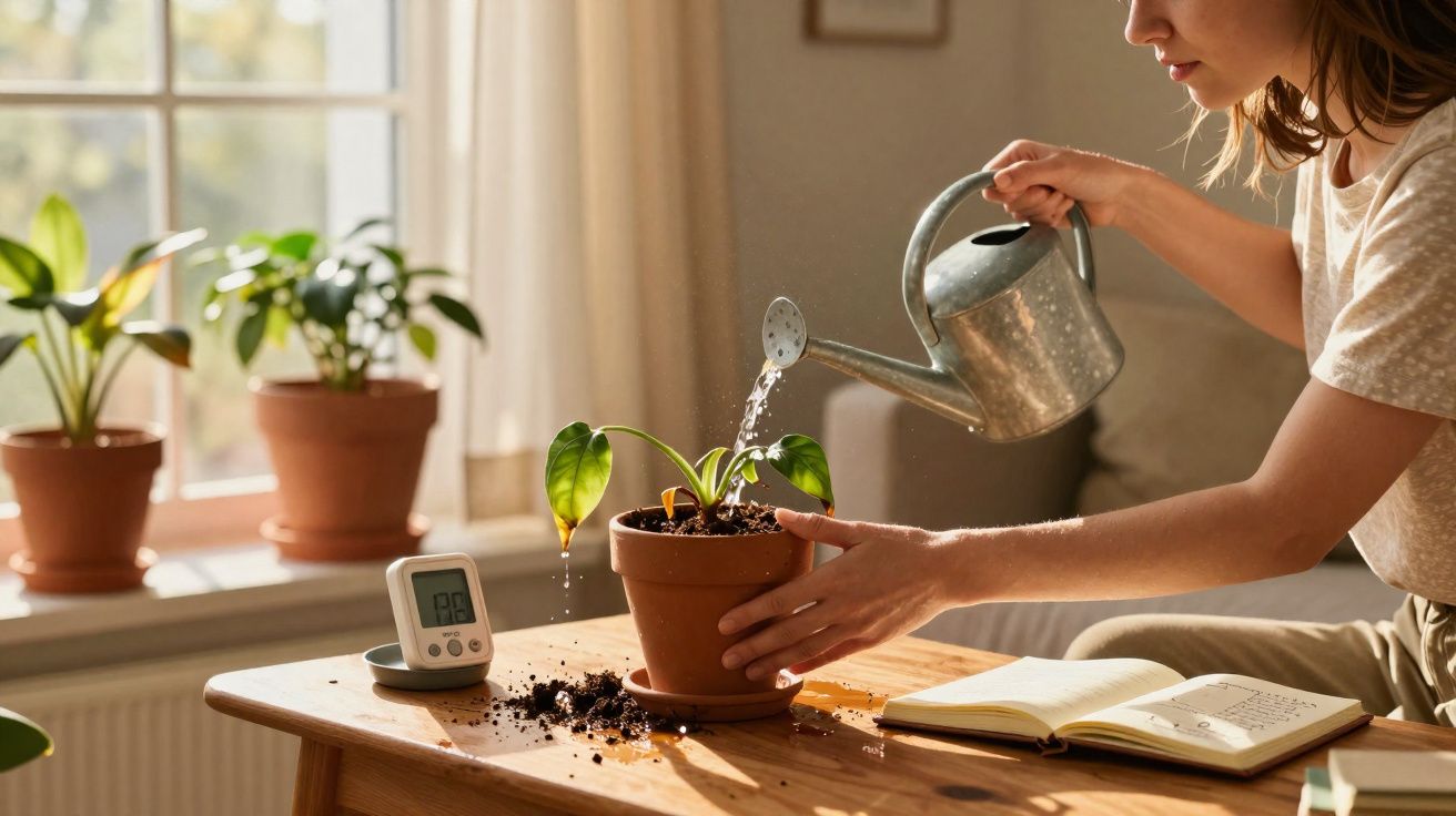 Pessoa a regar planta em vaso num ambiente interior com luz natural, livro aberto e medidor digital numa mesa de madeira.