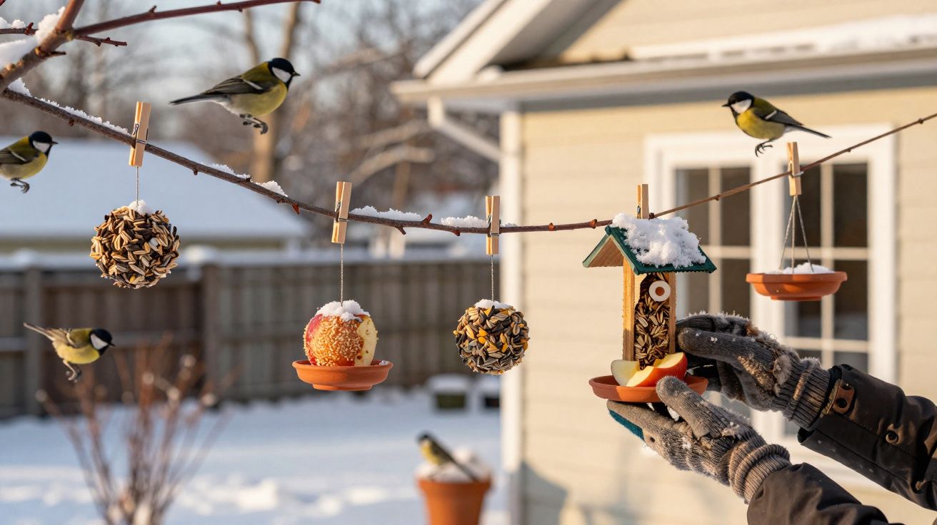 Pássaros a voar e a alimentar-se em bolas de sementes e maçãs penduradas num galho coberto de neve.