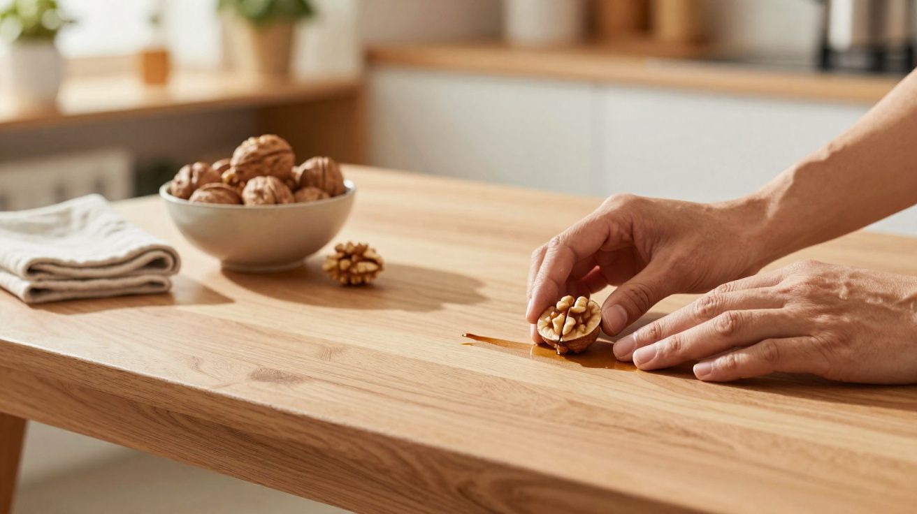 Mãos a descascar noz sobre mesa de madeira com taça cheia de nozes e guardanapo dobrado.