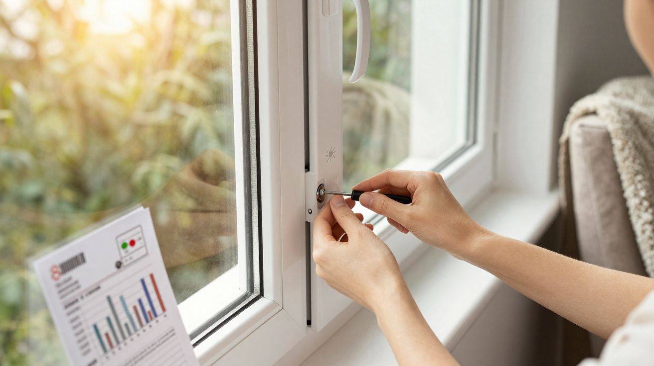 Pessoa a apertar parafuso de janela de PVC com chave de fendas num ambiente iluminado pela luz natural.