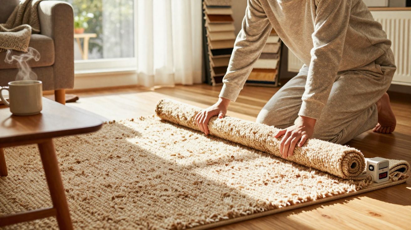Pessoa a desenrolar tapete bege felpudo numa sala com chão de madeira e luz natural a entrar pela janela.