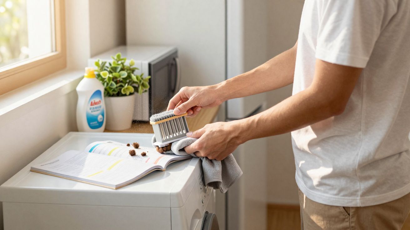 Pessoa a limpar manchas de nozes com escova e pano, sobre máquina de lavar roupa, ao lado de janela.