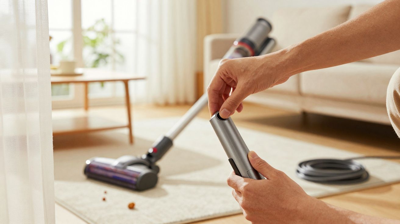 Pessoa a colocar uma bateria recarregável num aspirador sem fios numa sala de estar iluminada.