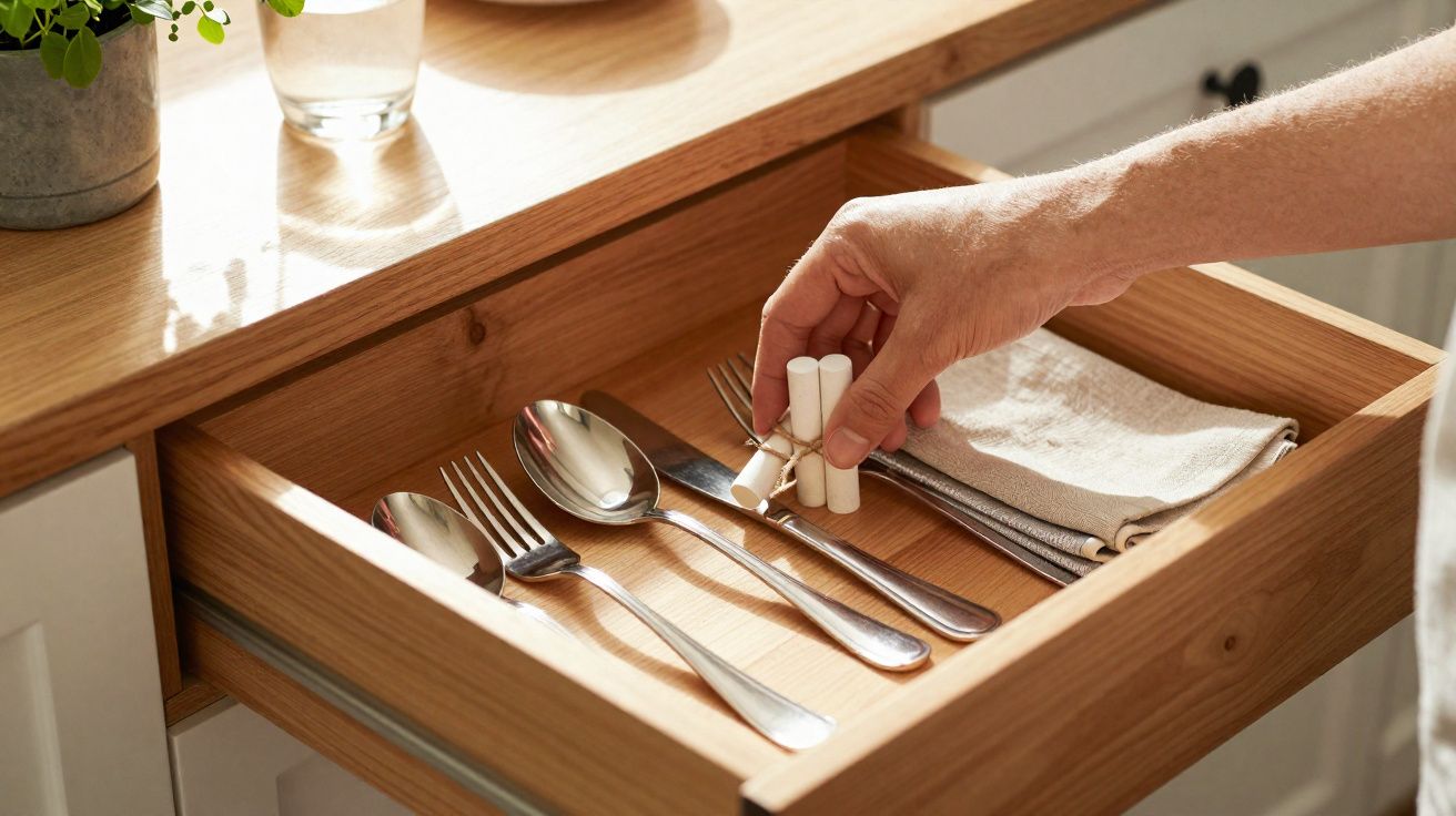 Garrafa de vidro com copo, prato, talheres e mão a guardar um porta-cinco enrolado numa gaveta de madeira.