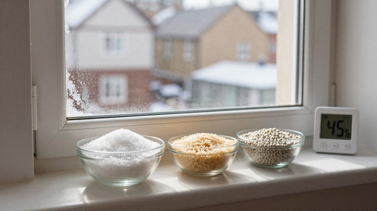 Três tigelas com sal, arroz e feijão numa janela com medidor de humidade a 45% em dia frio.