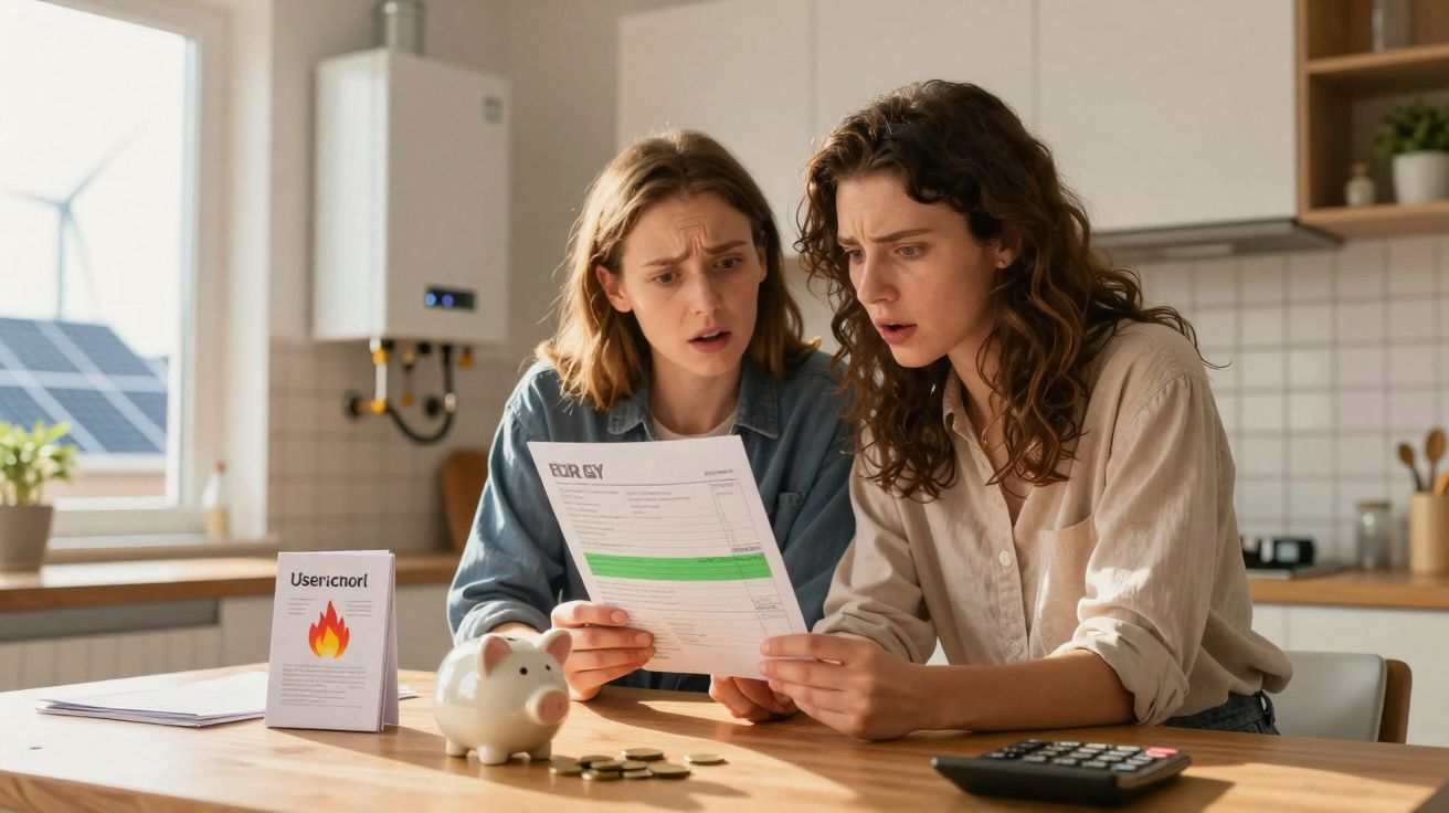 Duas mulheres preocupadas a analisar uma fatura de energia numa cozinha moderna com cofrinho e moeda na mesa.