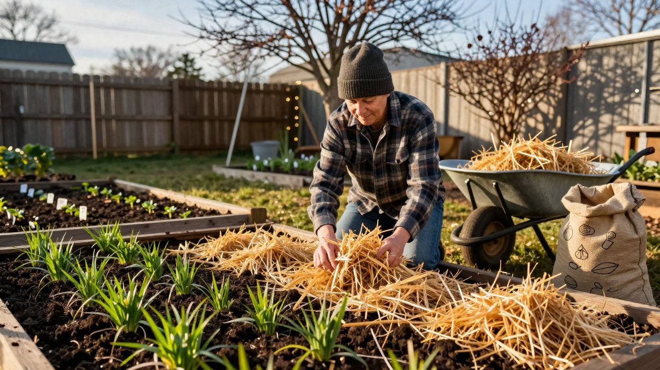 Idoso a aplicar palha em canteiros de plantas num jardim exterior durante o dia.