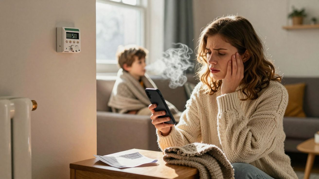 Mulher preocupada vê fatura perto do aquecedor, criança envolta em manta no fundo da sala.
