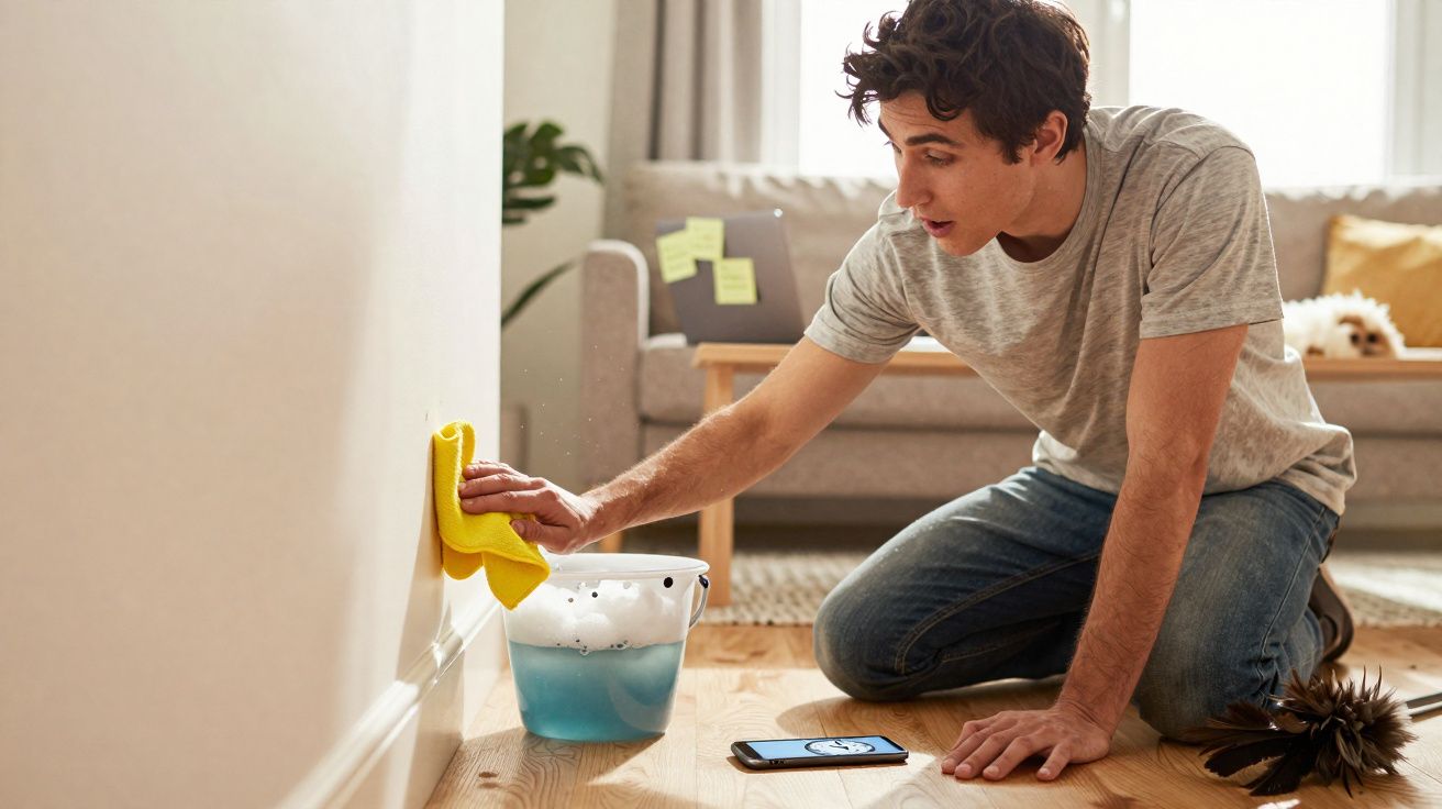 Homem a limpar a parede branca com um pano amarelo, ajoelhado numa sala com chão de madeira.