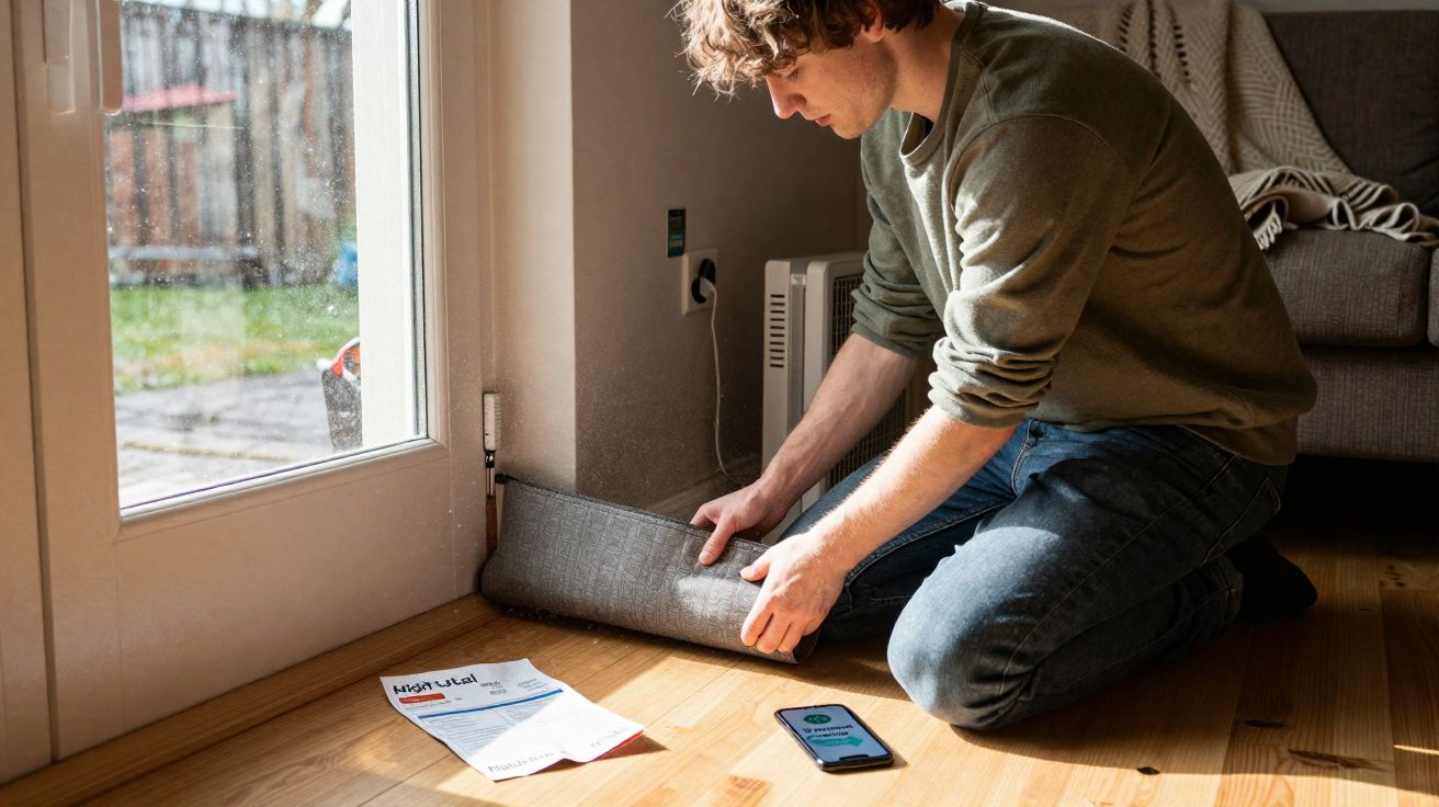 Homem a colocar barreira contra vento junto a porta de vidro numa sala com chão de madeira.