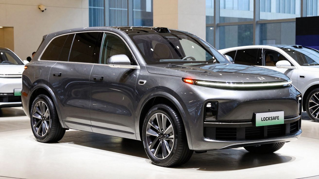 Carro SUV elétrico cinza moderno estacionado em salão de automóveis com outras viaturas ao fundo.