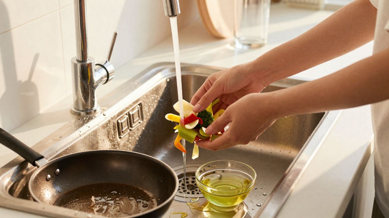 Mãos a lavar legumes coloridos na pia com água a correr, frigideira e tigela com azeite ao lado.