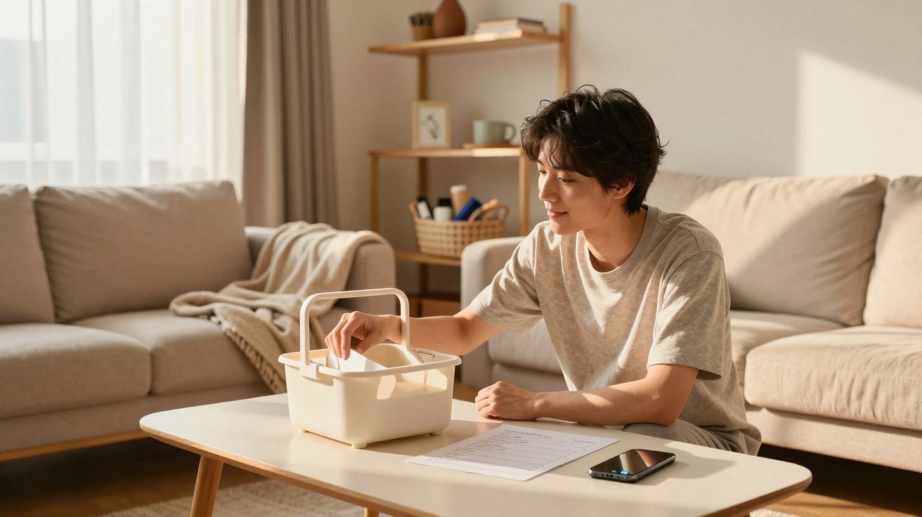 Pessoa a guardar papéis numa caixa branca numa sala de estar iluminada.