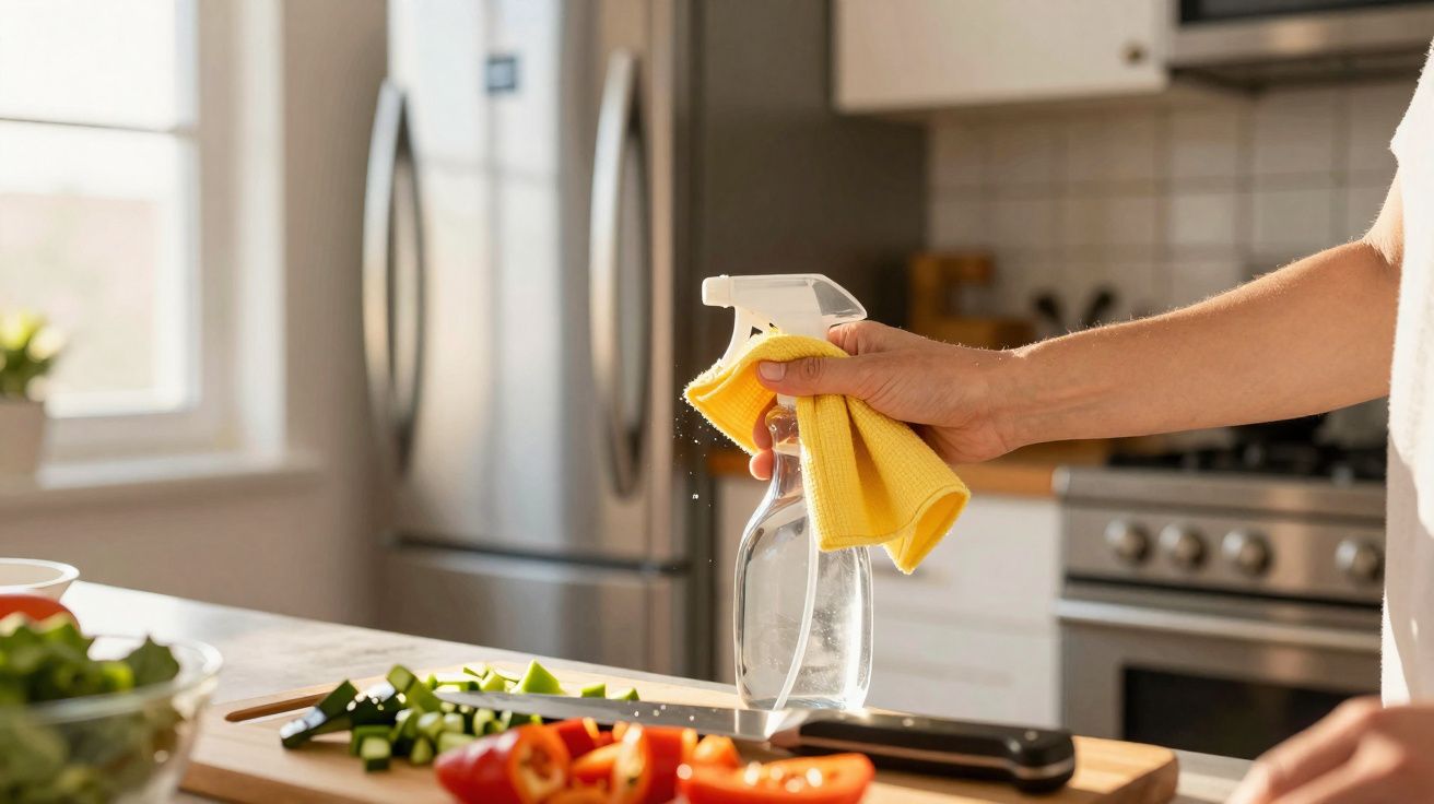 Mão borrifando spray de limpeza numa cozinha moderna, próximo de vegetais e uma faca na tábua.