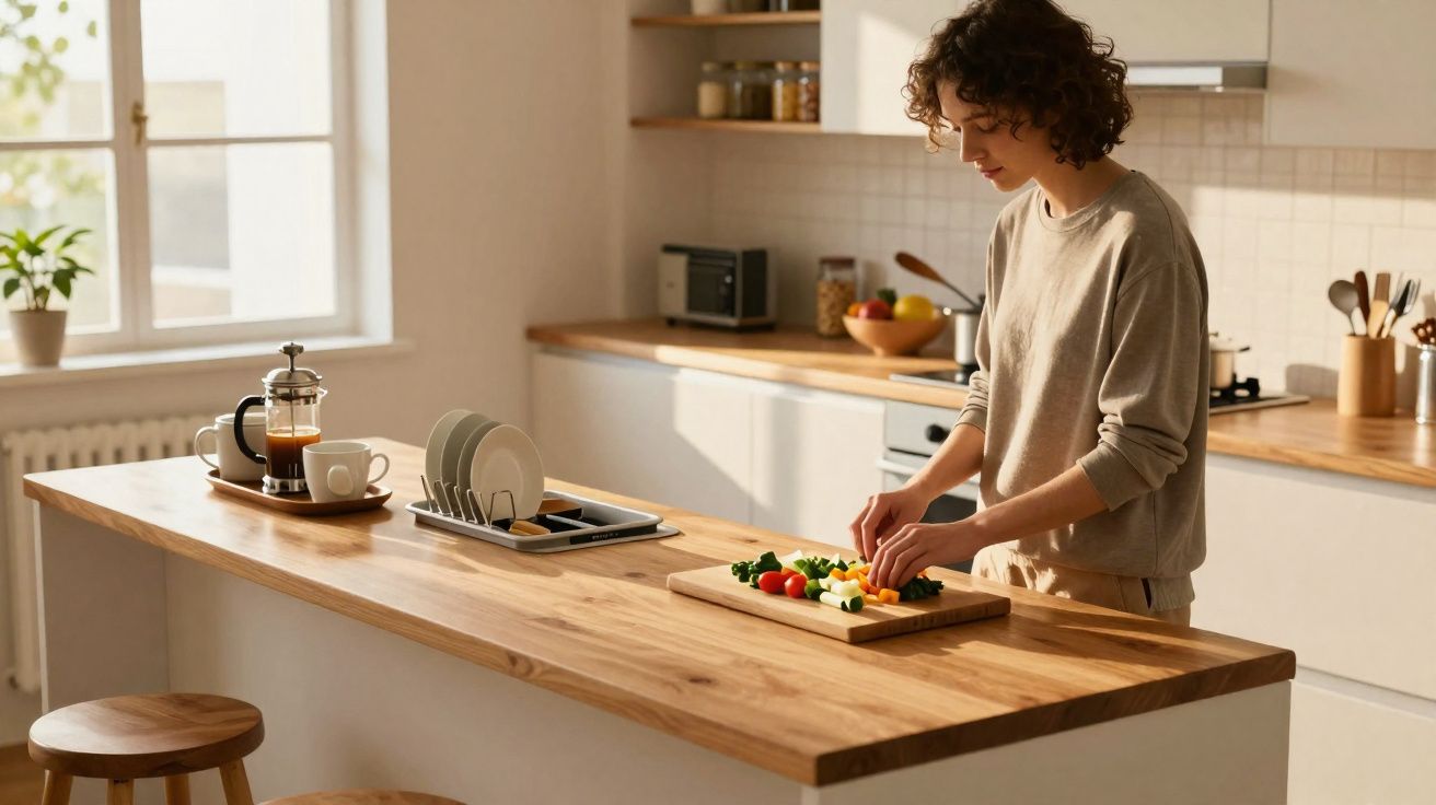 Mulher a cortar legumes numa bancada de cozinha moderna com luz natural a entrar pela janela.