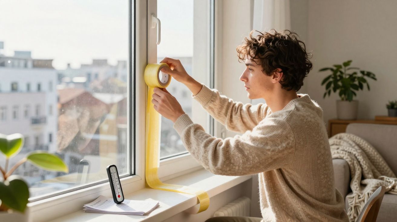 Jovem com camisola bege aplica fita amarela na janela para isolamento térmico em ambiente doméstico.