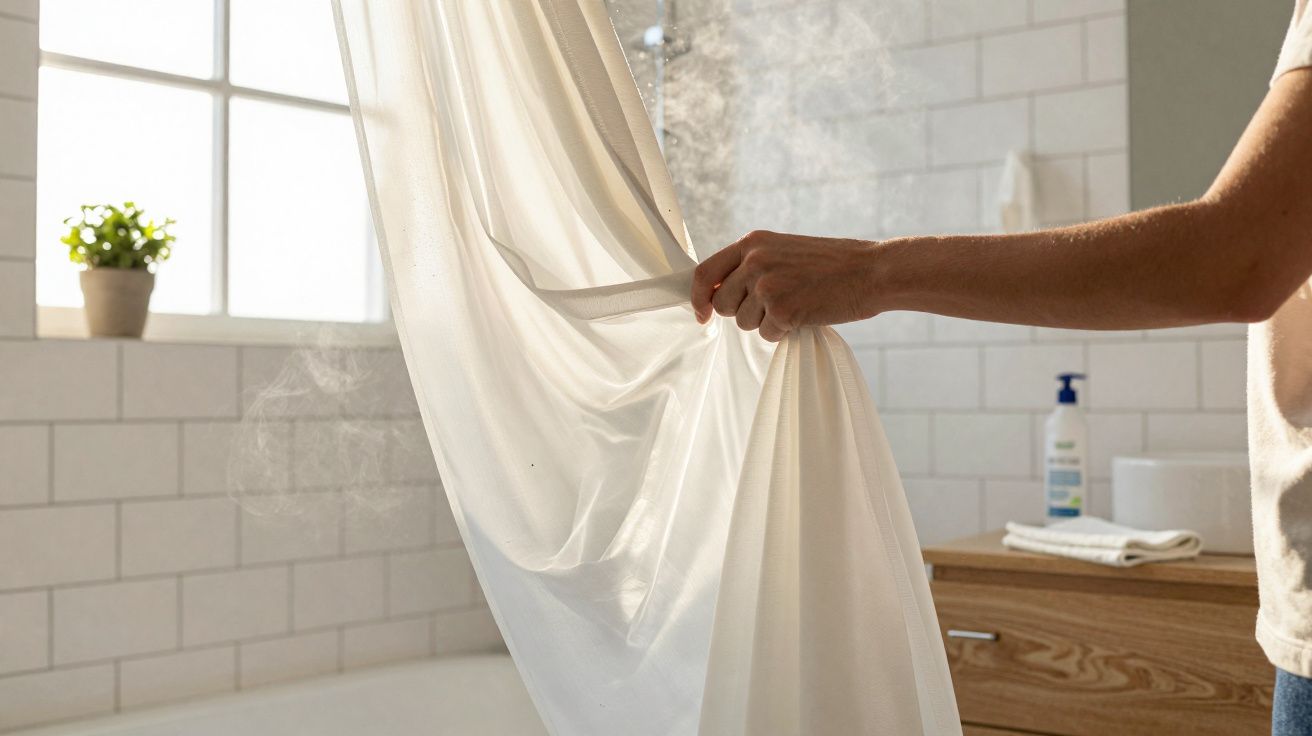 Braço a puxar cortina branca num ambiente de casa de banho com vapor e luz natural.